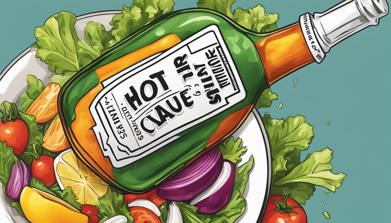 A bottle of Crystal Hot Sauce pouring onto a vibrant salad