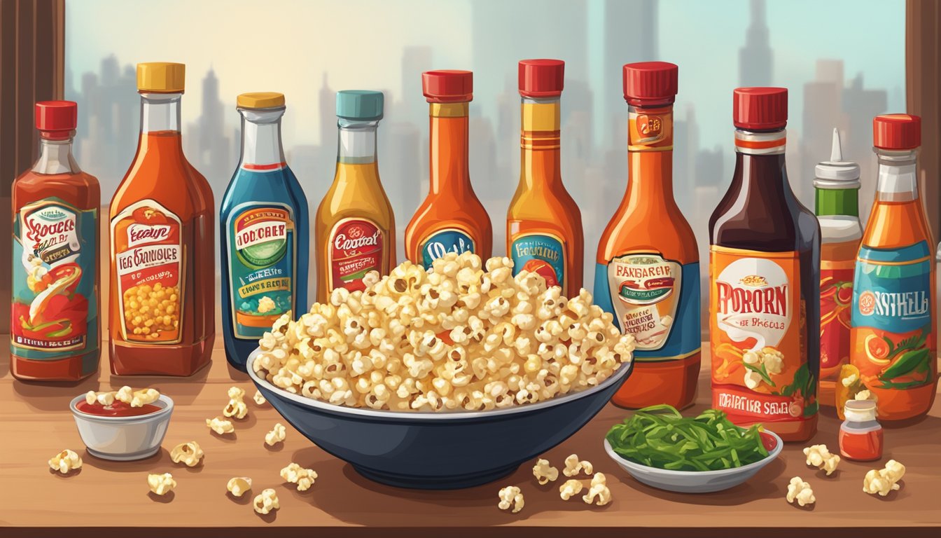 A bowl of popcorn with a drizzle of hot sauce, surrounded by bottles of different hot sauces on a table