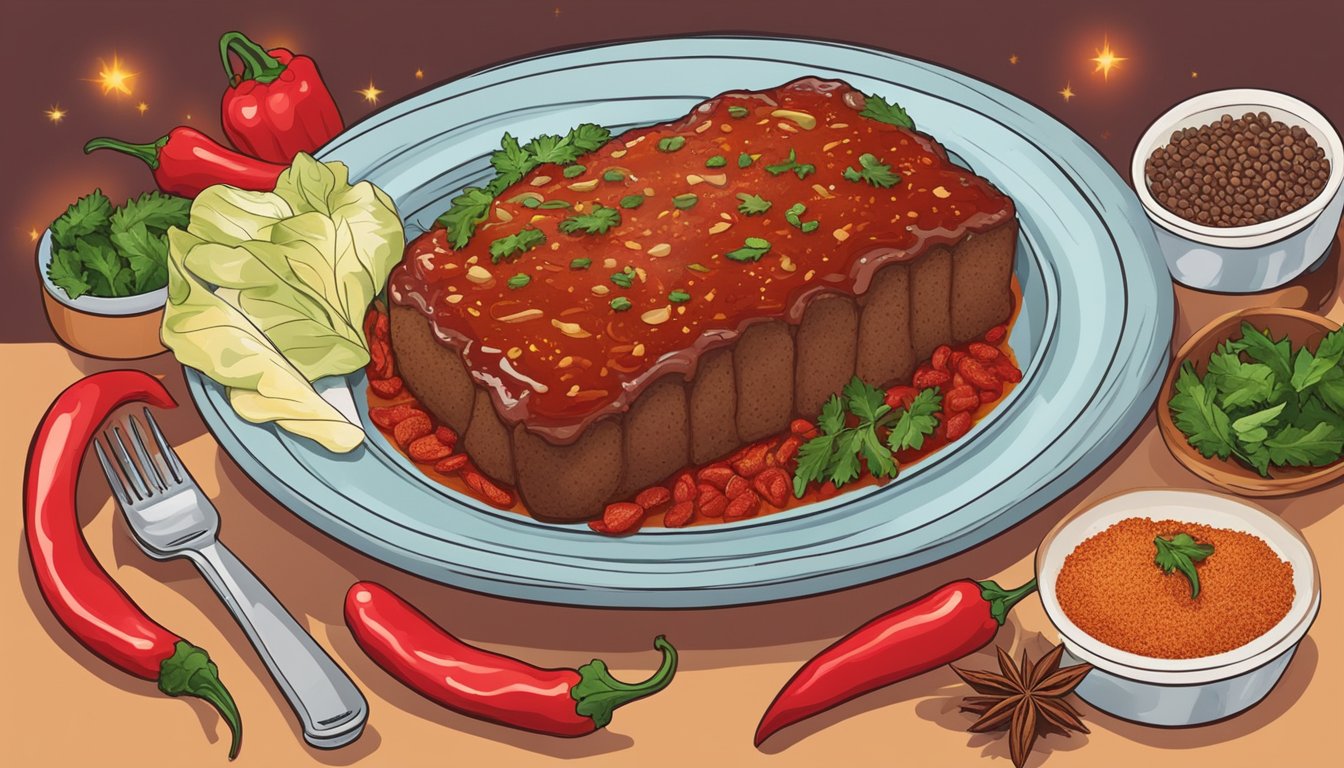 A sizzling meatloaf topped with cayenne pepper, surrounded by fiery red chili peppers and a scattering of spices