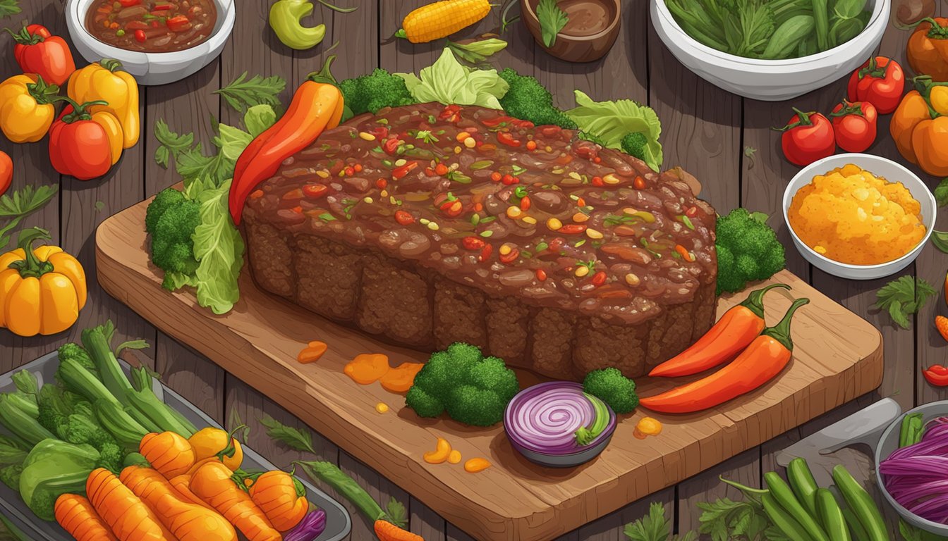 A sizzling meatloaf topped with fiery habanero peppers and surrounded by colorful vegetables on a rustic wooden table