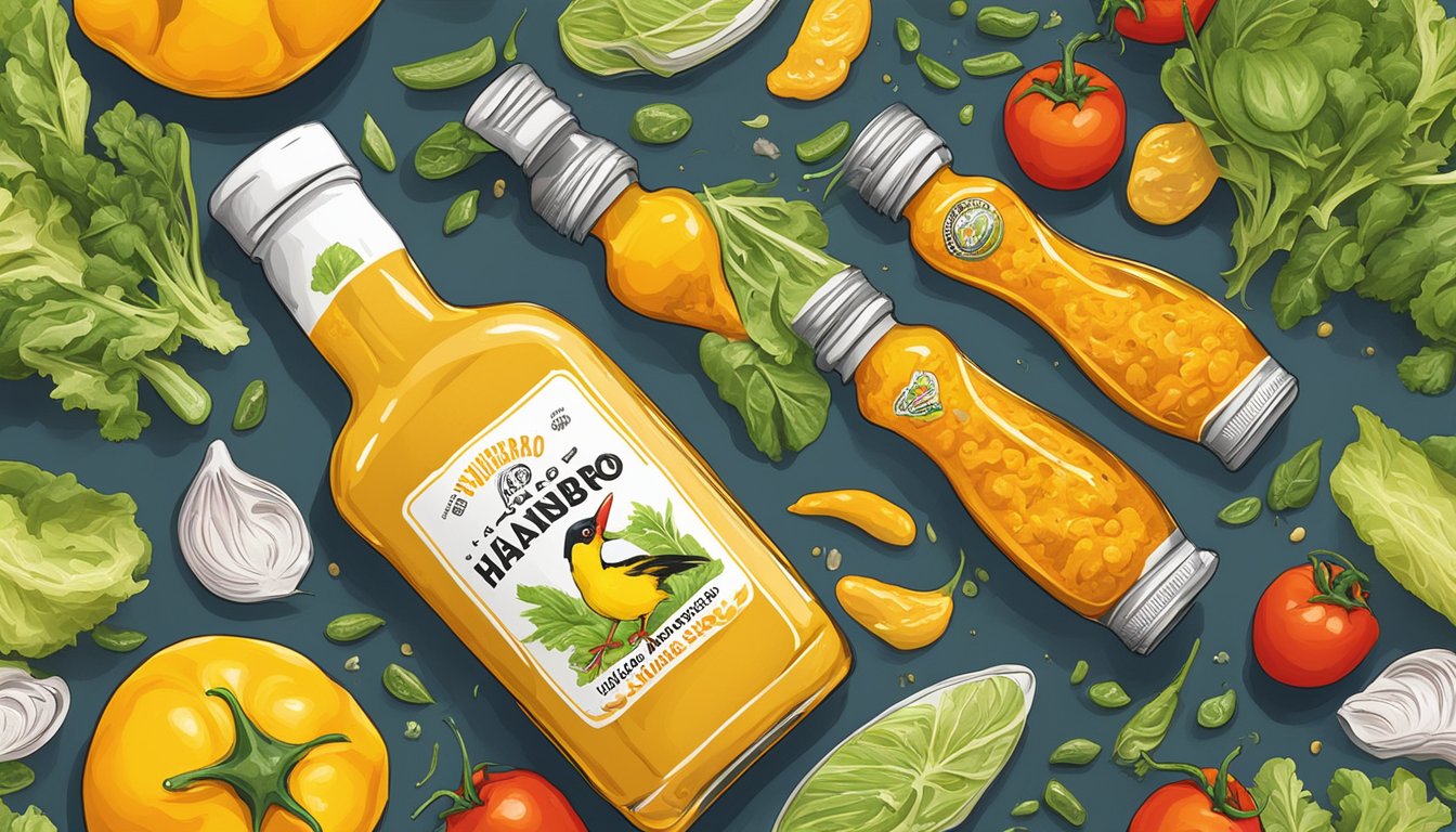 A vibrant yellow bird perched on a bottle of Yellowbird Habanero Hot Sauce, surrounded by fresh salad ingredients