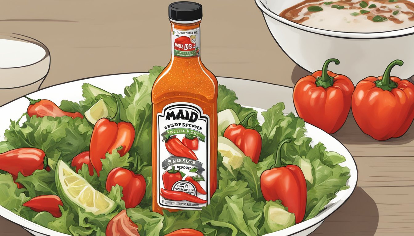 A bottle of Mad Dog 357 Ghost Pepper Hot Sauce pouring onto a fresh salad