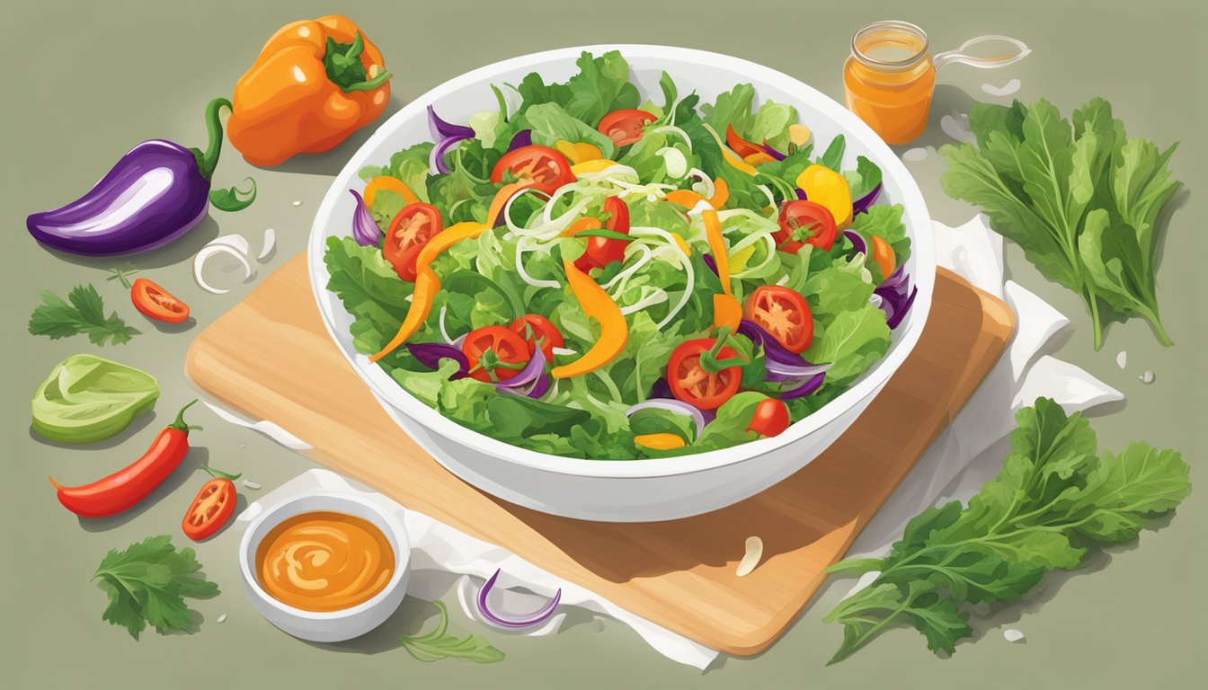 A vibrant salad bowl with a drizzle of Marie Sharp's Habanero Pepper Sauce. Fresh veggies and greens surround the bowl