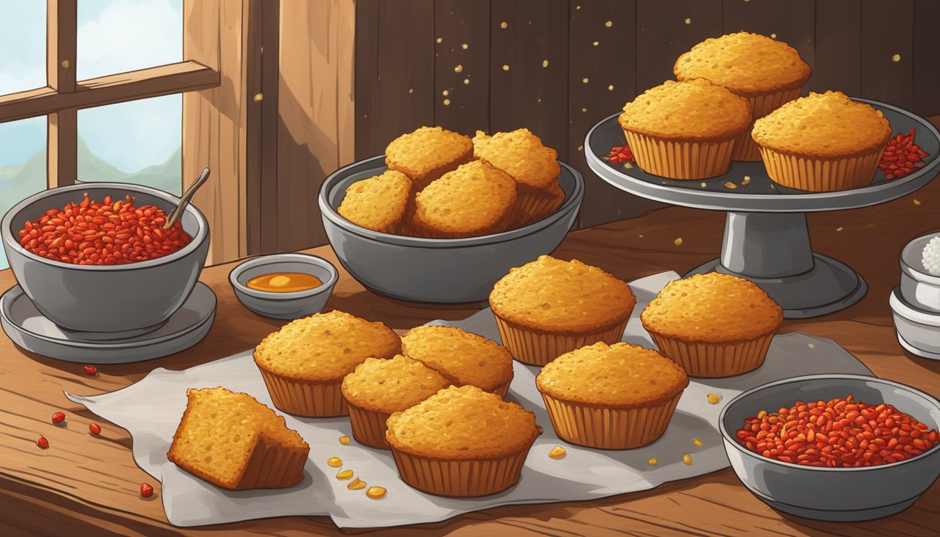 A steaming batch of Sriracha cornbread muffins on a rustic wooden table, surrounded by scattered red chili peppers and a drizzle of honey