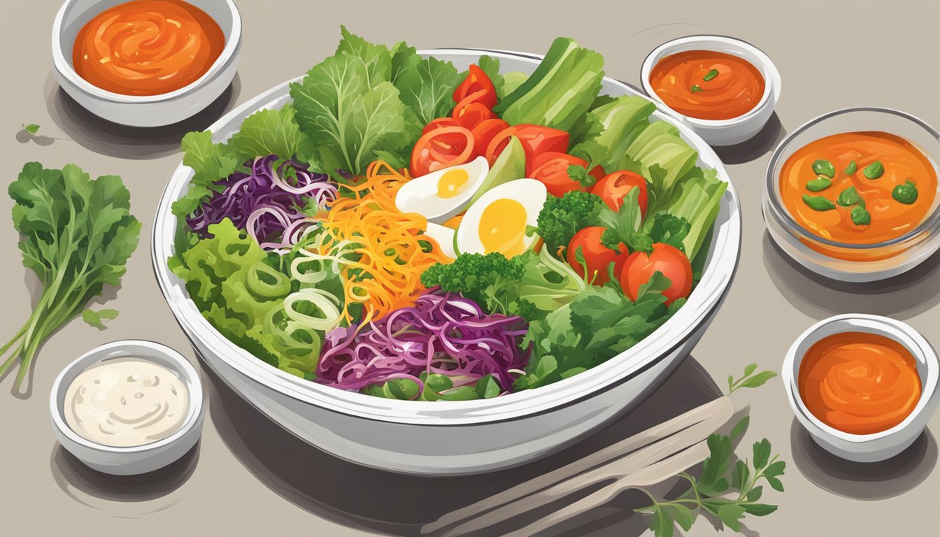 A vibrant salad bowl with an assortment of fresh vegetables and greens topped with a drizzle of spicy hot sauce