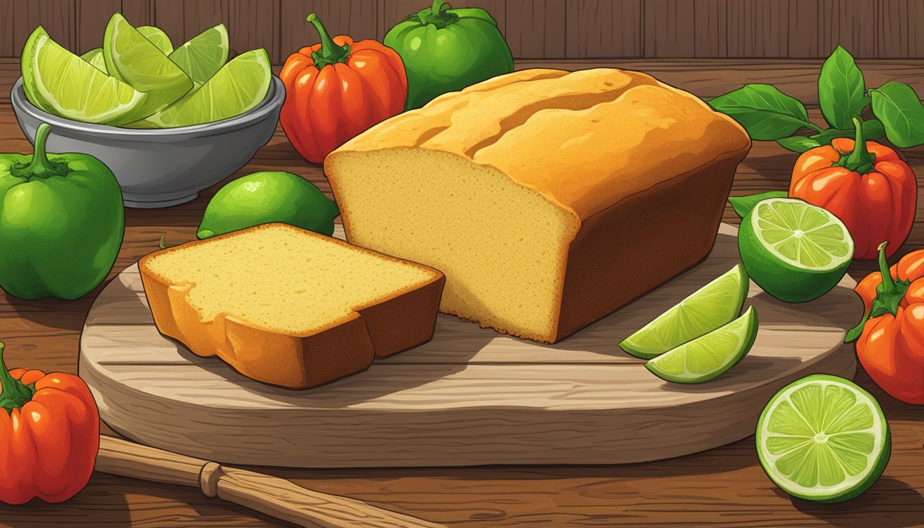 A steaming loaf of habanero lime cornbread sits on a rustic wooden table, surrounded by fresh lime wedges and fiery red habanero peppers