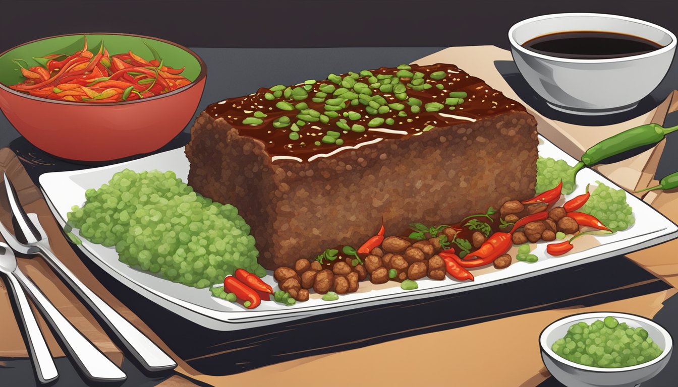 A sizzling meatloaf topped with wasabi and soy sauce, surrounded by chili peppers and ginger