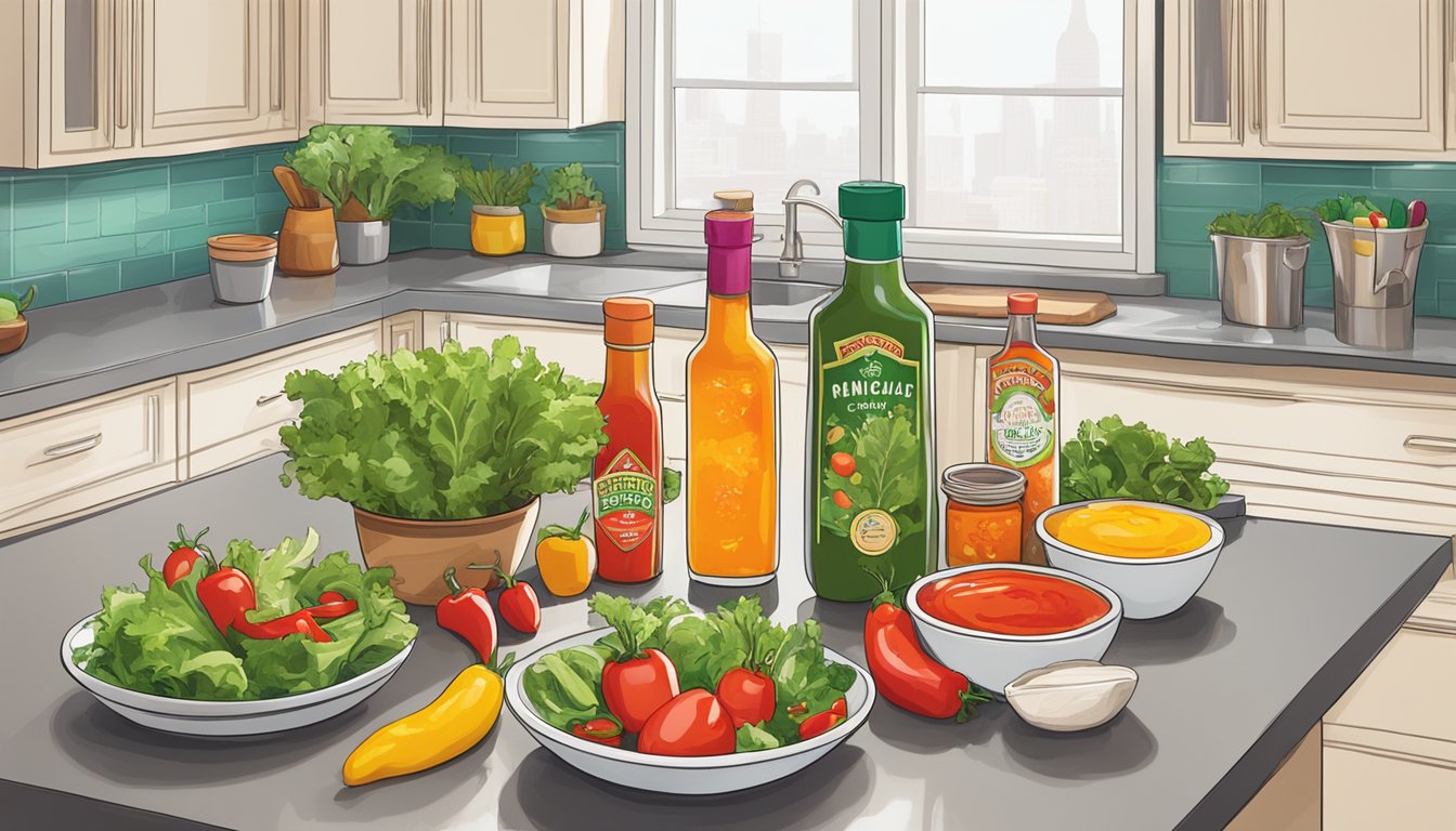 A colorful array of hot sauce bottles on a kitchen counter, next to a fresh salad with vibrant greens and colorful toppings