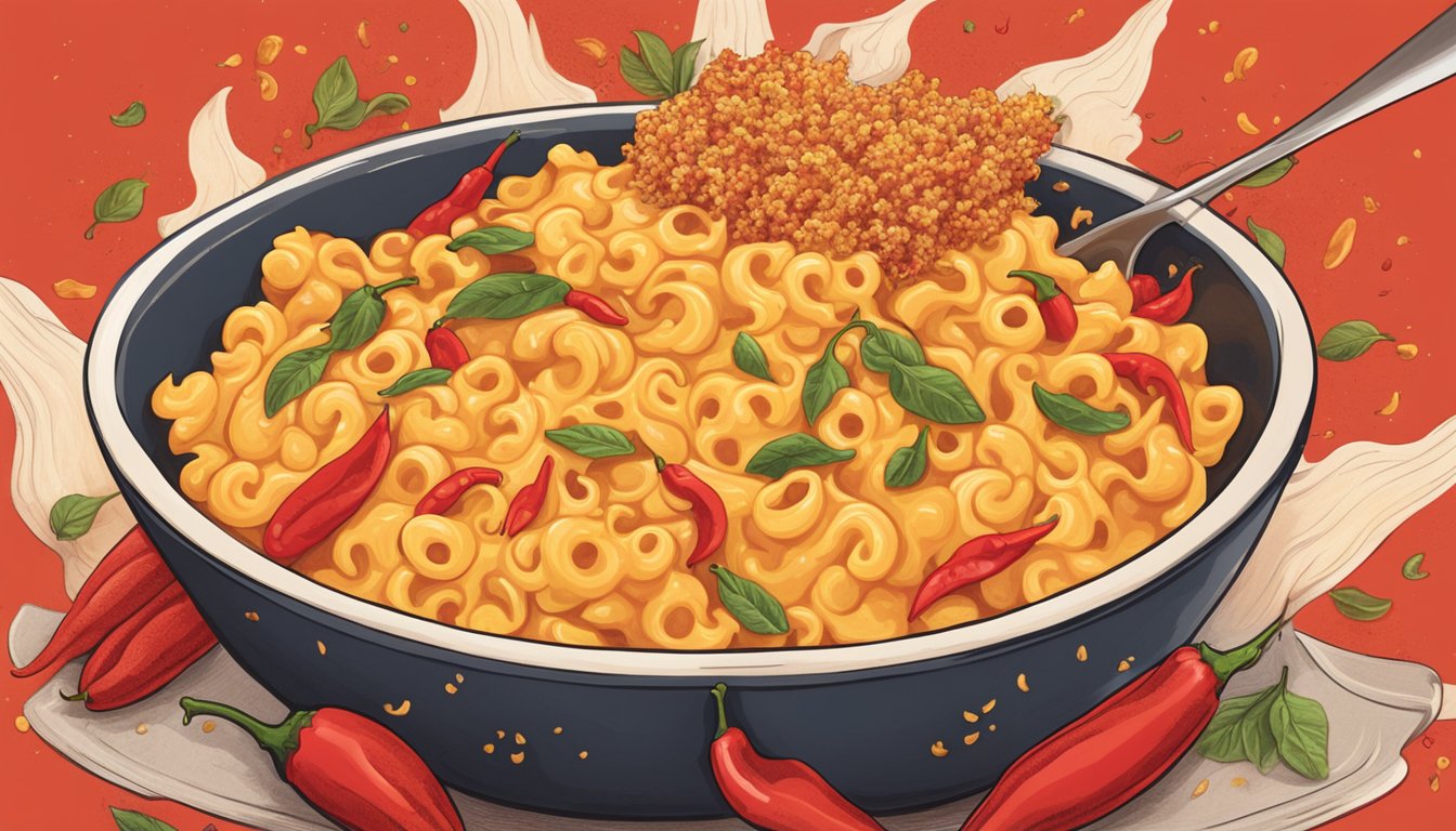 A steaming bowl of ghost pepper-infused mac and cheese, surrounded by scattered chili peppers and a fiery red backdrop