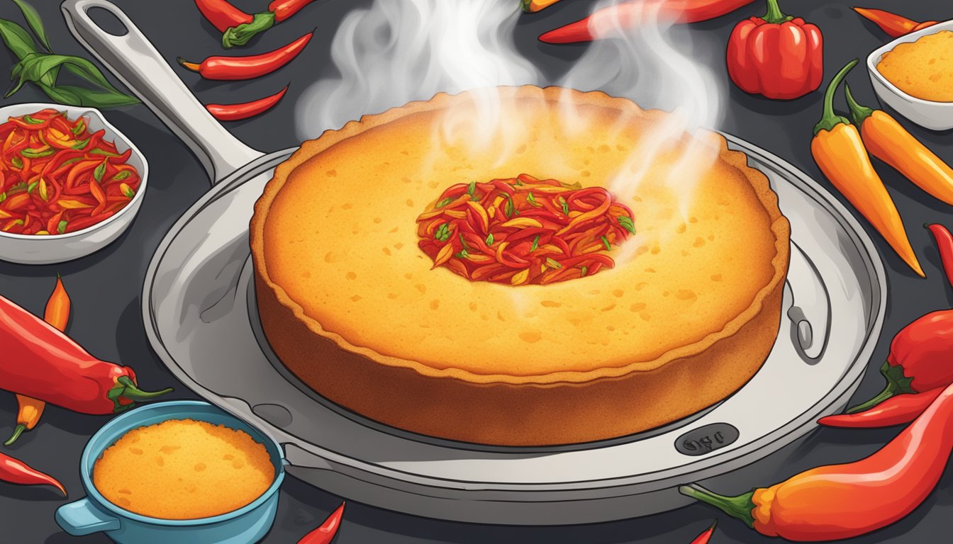 A steaming skillet of ghost pepper cornbread, surrounded by vibrant red chili peppers and fiery orange flames