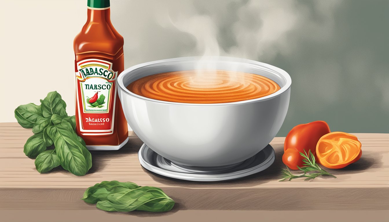 A steaming bowl of soup with a bottle of Tabasco Original Red Sauce next to it