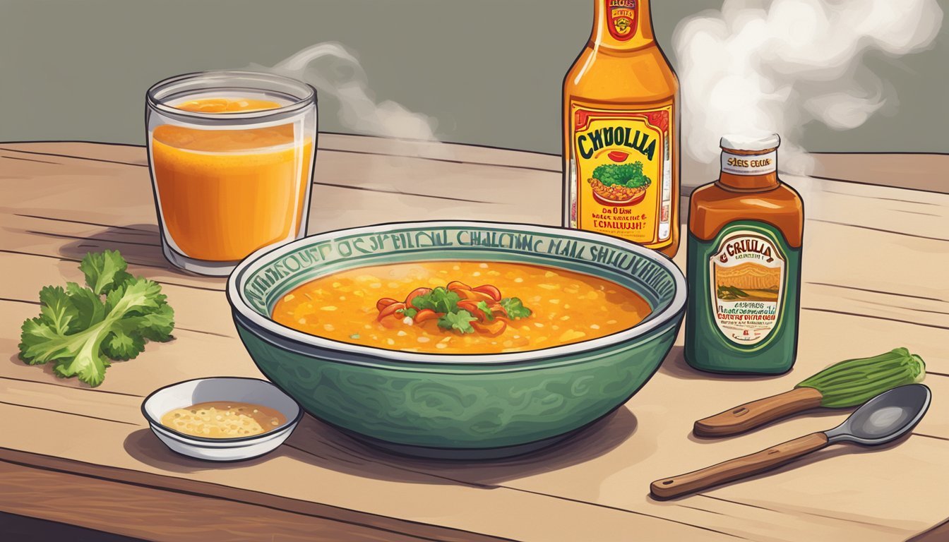 A steaming bowl of soup with a bottle of Cholula Hot Sauce next to it