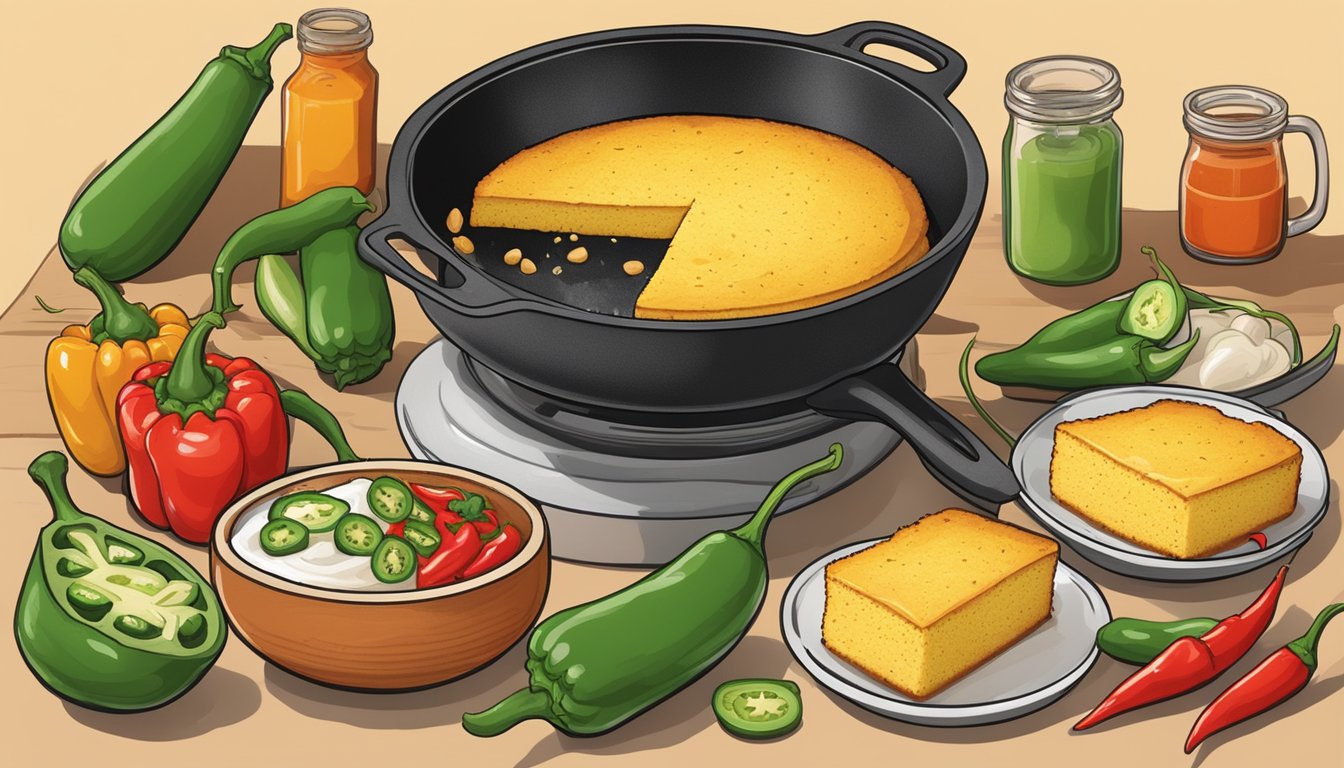 A steaming skillet of cornbread surrounded by various spicy ingredients like jalapenos, hot sauce, and chili peppers