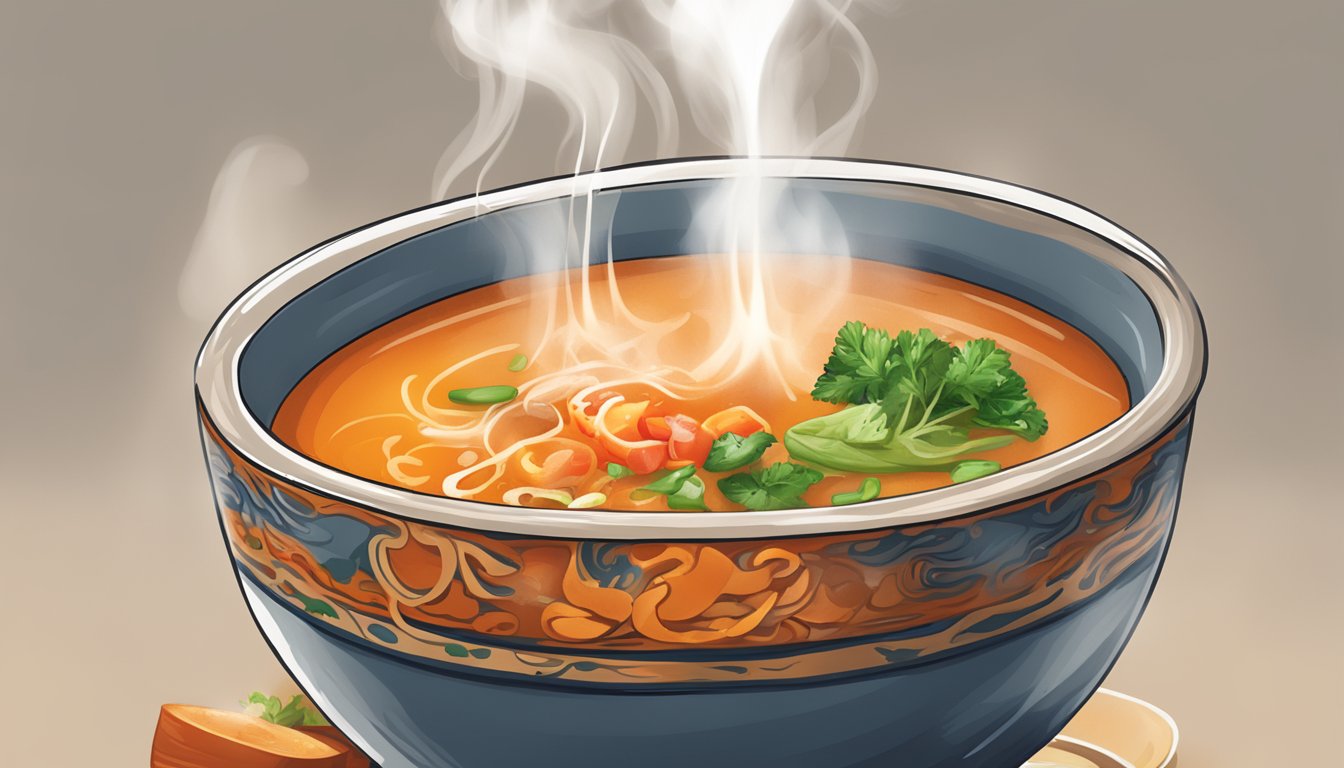 A steaming bowl of soup with a drizzle of Sriracha sauce