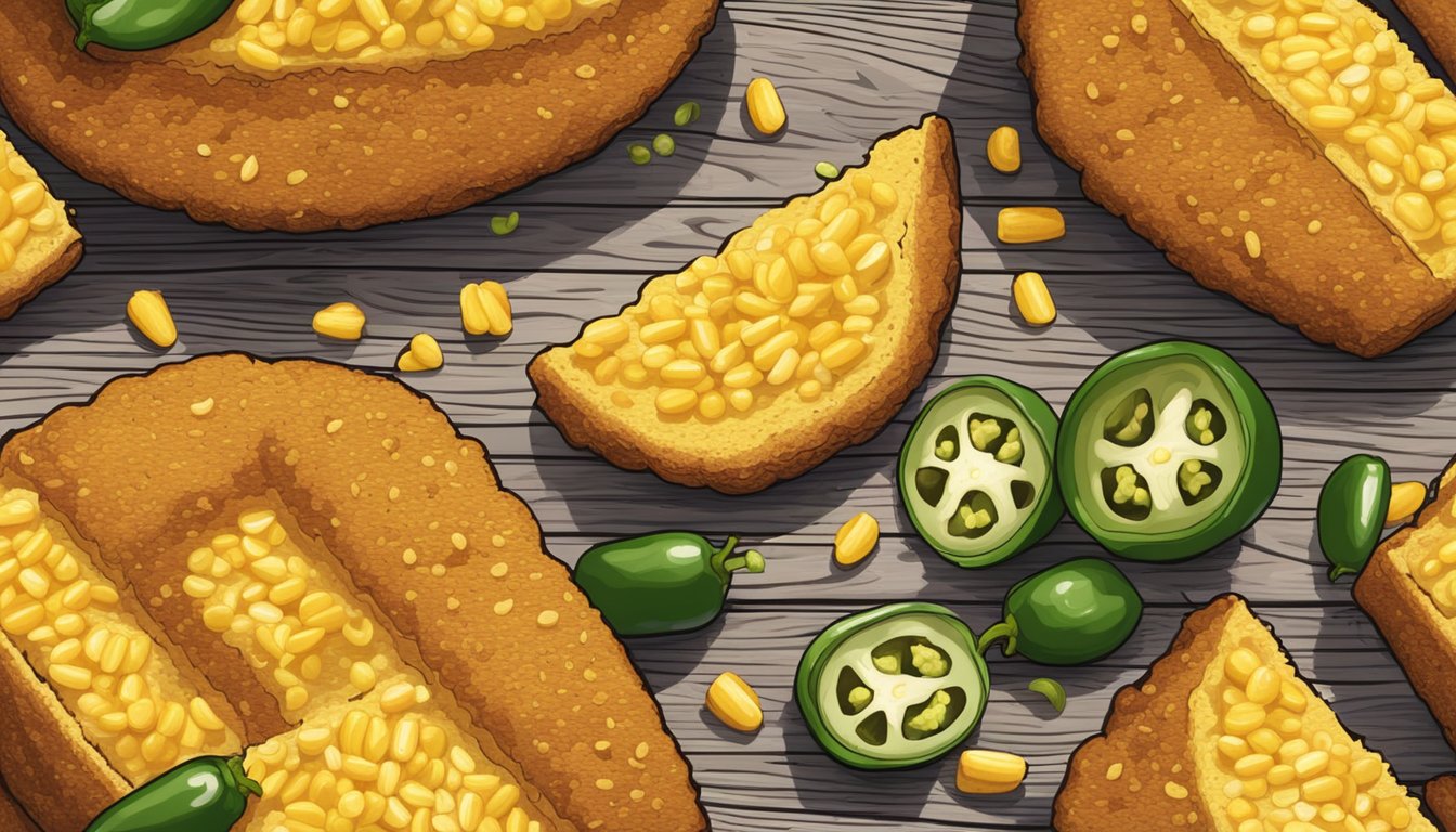 A golden, crumbly cornbread sits on a rustic wooden table, with visible specks of jalapeno and corn adding texture and flavor