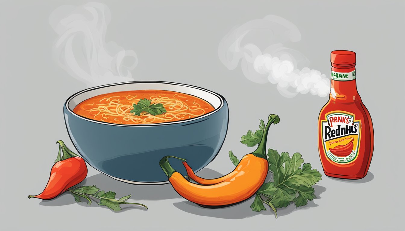 A steaming bowl of soup with a bottle of Frank's RedHot Original hot sauce next to it