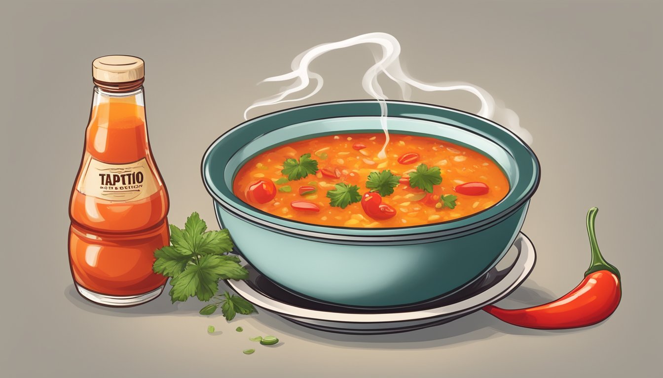 A steaming bowl of soup with a bottle of Tapatío Salsa Picante next to it, steam rising from the spicy red liquid