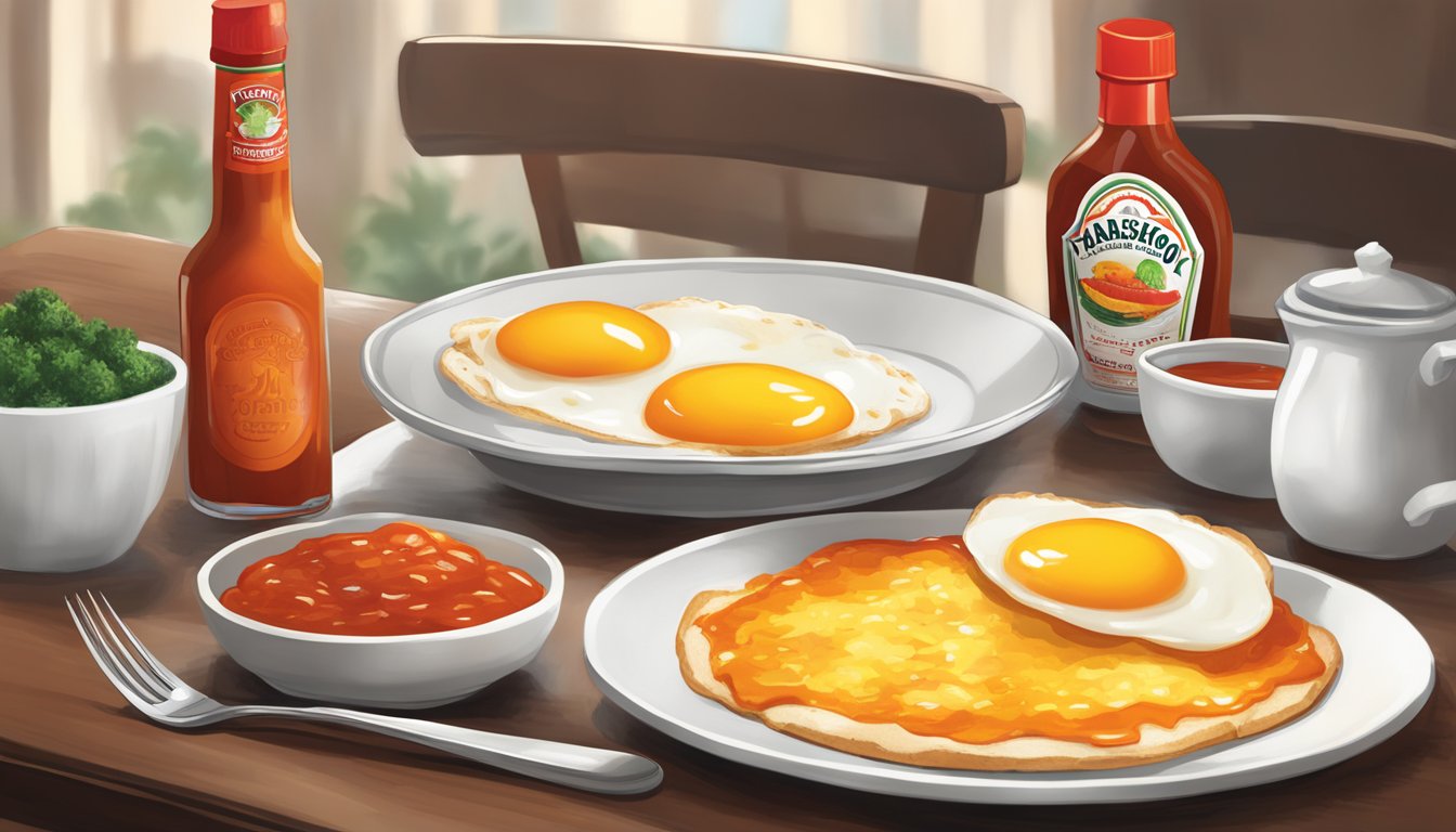 A breakfast table with a plate of eggs drizzled with Tabasco Original Red hot sauce