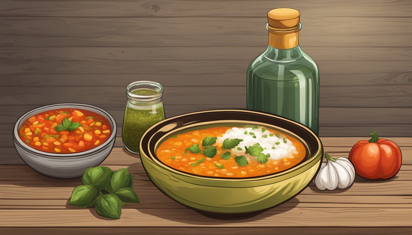 A steaming bowl of soup with a bottle of Valentina Salsa Picante on a rustic wooden table