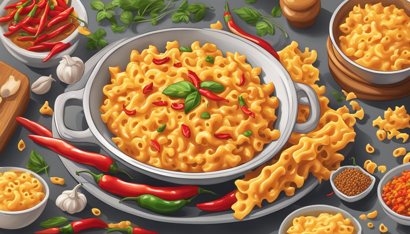 A steaming bowl of fiery red mac and cheese surrounded by vibrant chili peppers, garlic, and other spicy ingredients