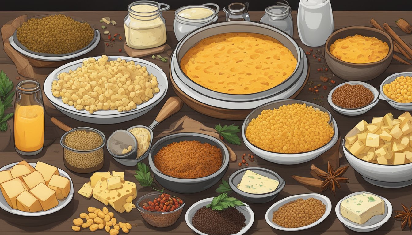 A table with an array of colorful spices next to a variety of cheeses, including a steaming dish of spicy mac and cheese