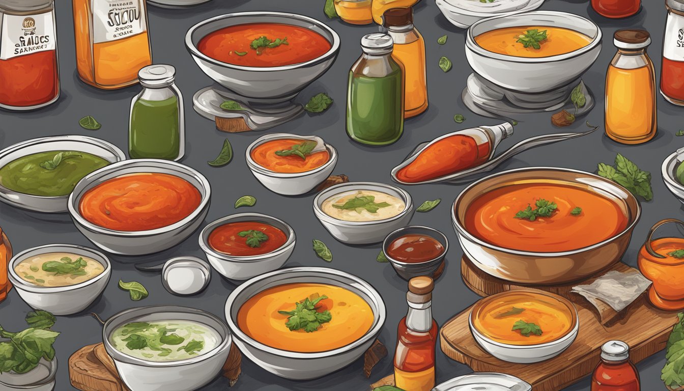 A variety of hot sauces arranged next to a steaming bowl of soup, showcasing different flavors and heat levels