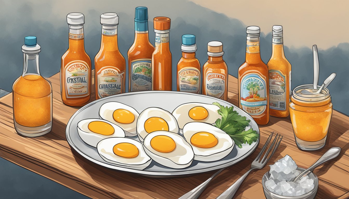 A plate of eggs with Crystal Hot Sauce bottles on the side