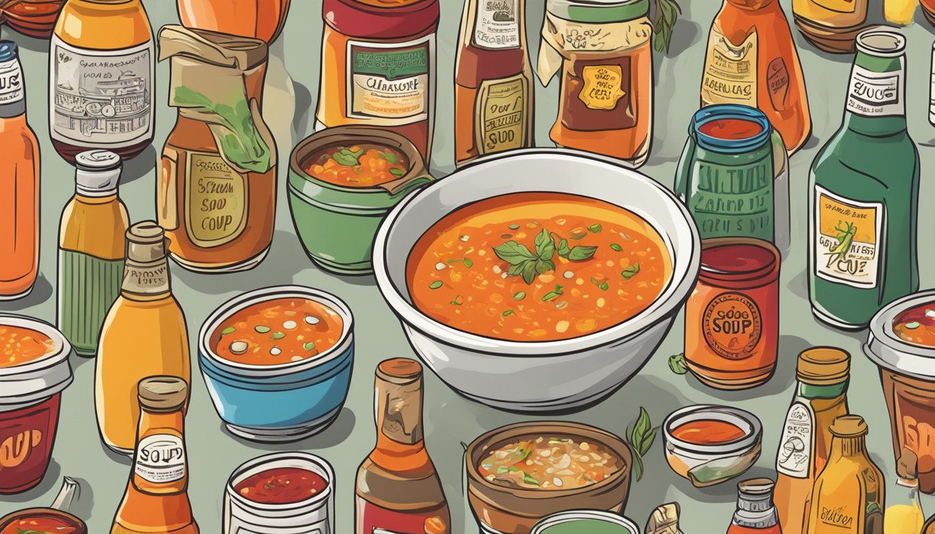 A steaming bowl of soup surrounded by an array of colorful hot sauce bottles, each labeled with a different type of soup