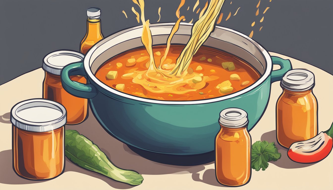 A pot of soup with various hot sauce bottles nearby, some open and being poured into the soup