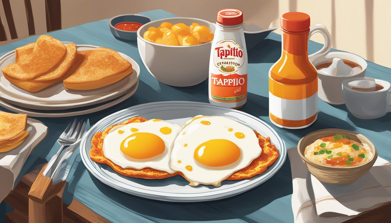 A breakfast table with a plate of sunny-side-up eggs drizzled with Tapatio hot sauce, alongside a bottle of the hot sauce