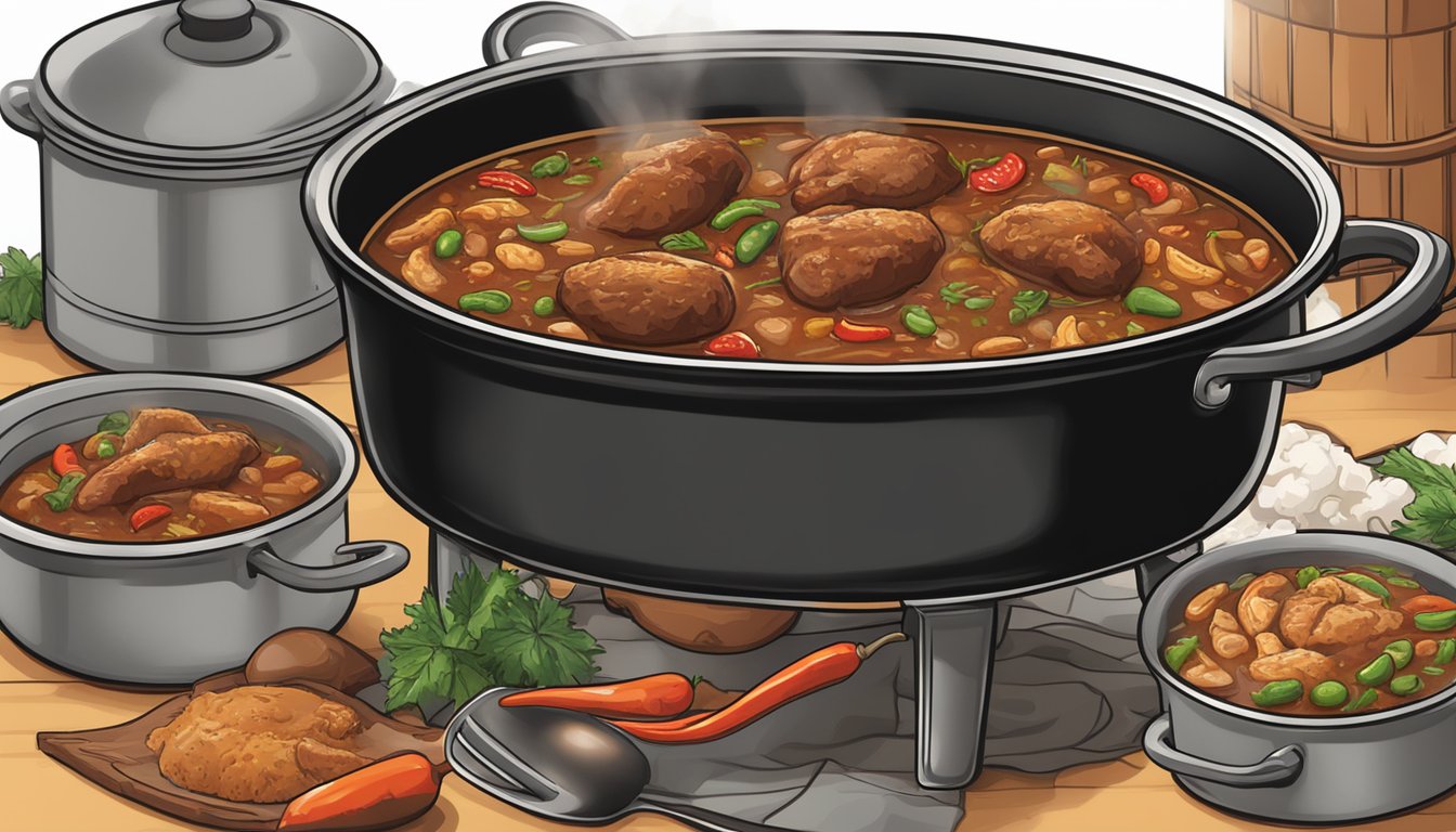 A steaming pot of Cajun Chicken and Andouille Gumbo bubbling with spicy peppers and rich, dark roux