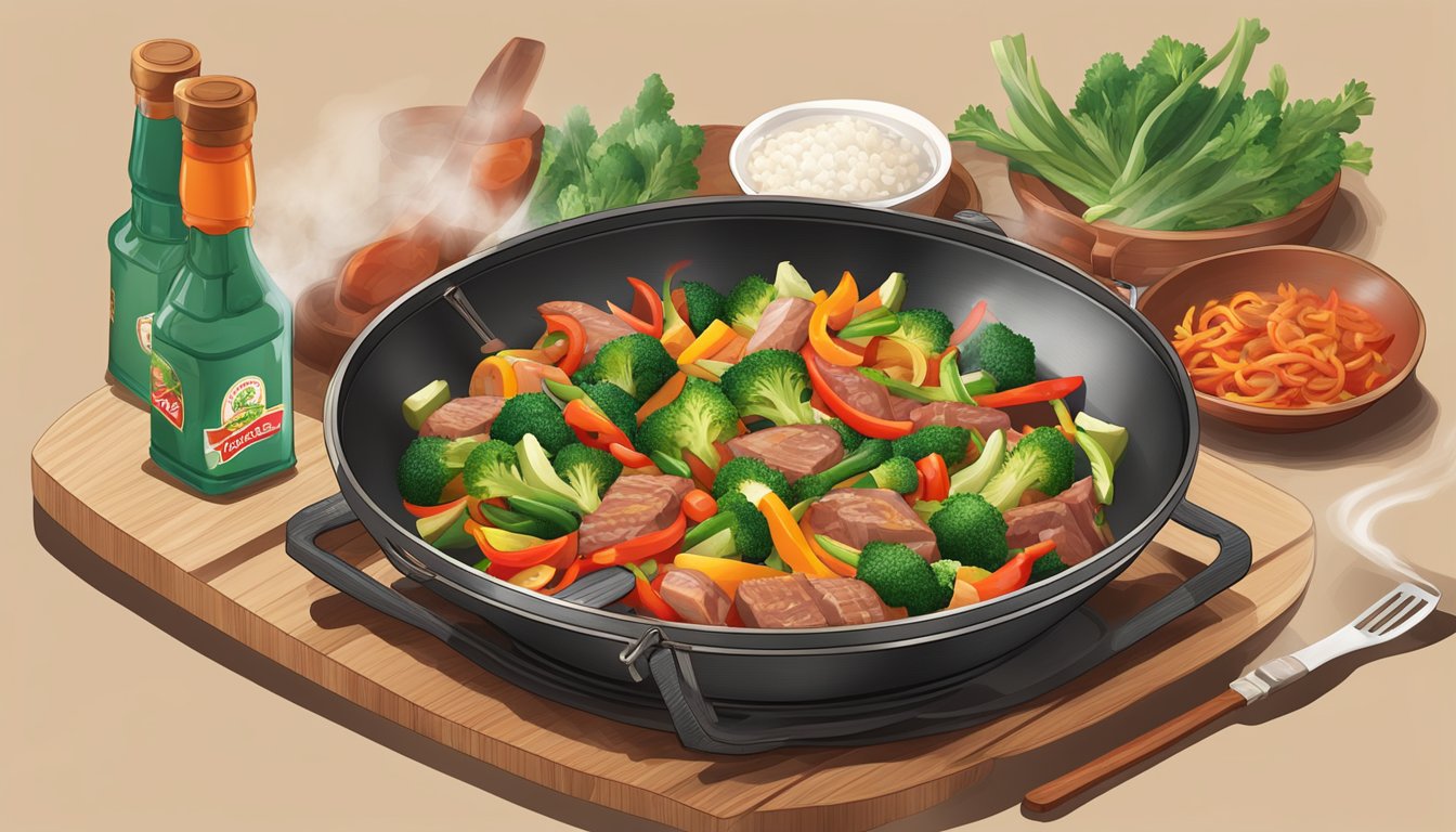 A sizzling wok with colorful stir-fry vegetables and meats, with a bottle of Tabasco Original Red Sauce nearby