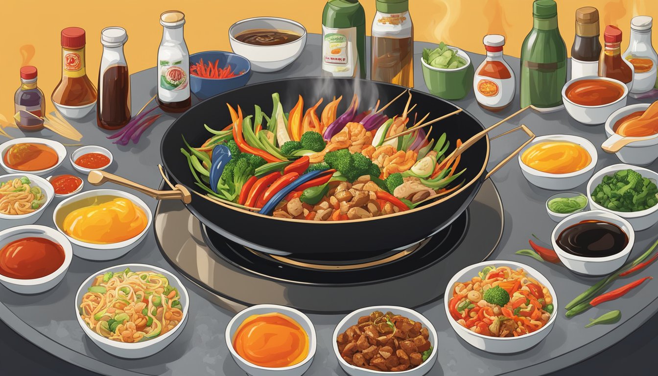 A sizzling wok filled with colorful stir-fry ingredients being drizzled with Yamasa soy sauce, surrounded by bottles of various hot sauces