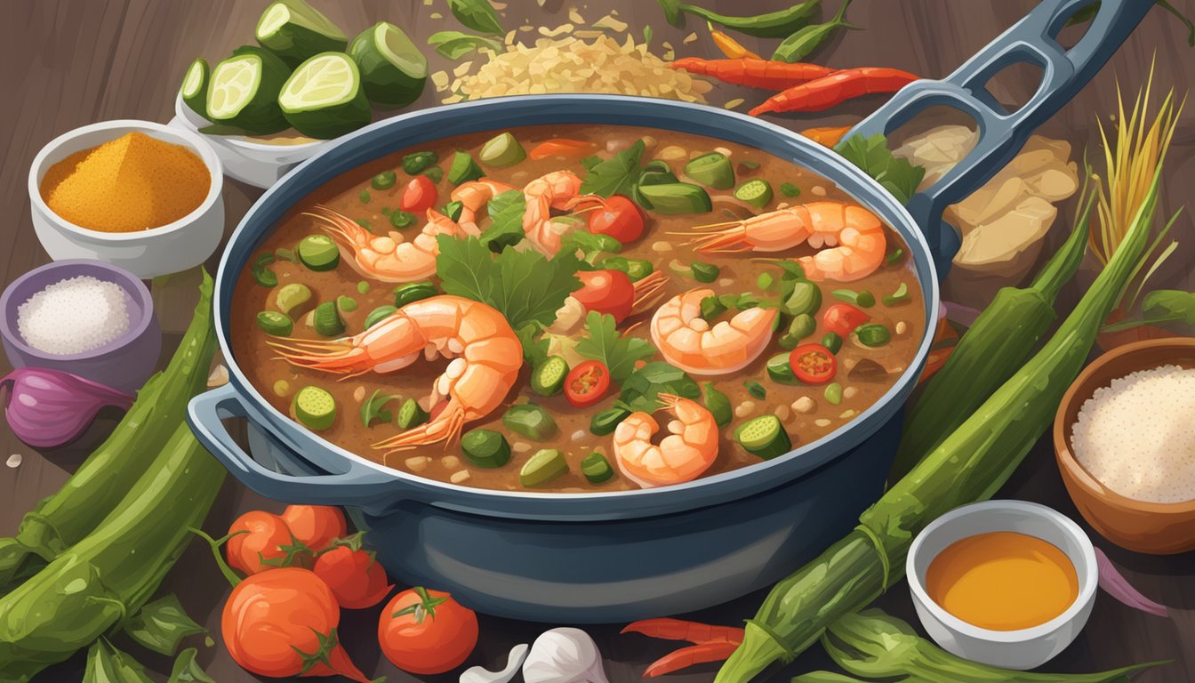 A steaming pot of Creole Shrimp and Okra Gumbo surrounded by colorful spices and fresh ingredients