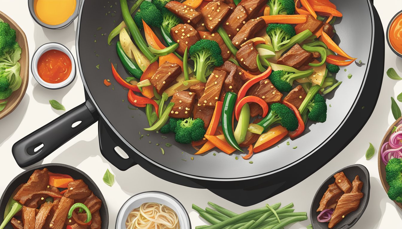 A sizzling stir fry pan with vibrant vegetables and sizzling meat, drizzled with Kikkoman Sriracha Hot Chili Sauce