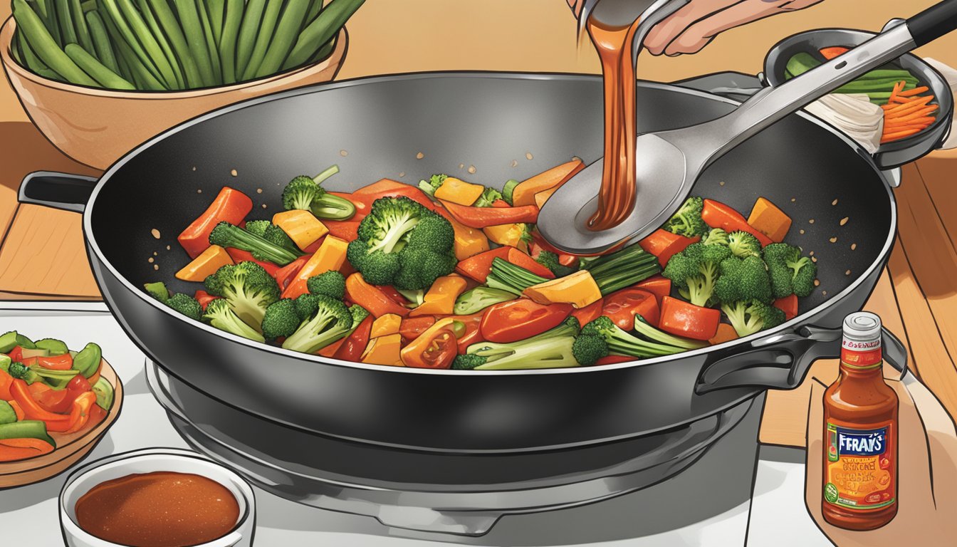 A sizzling stir fry pan with Frank's RedHot Sauce being drizzled over the sizzling vegetables