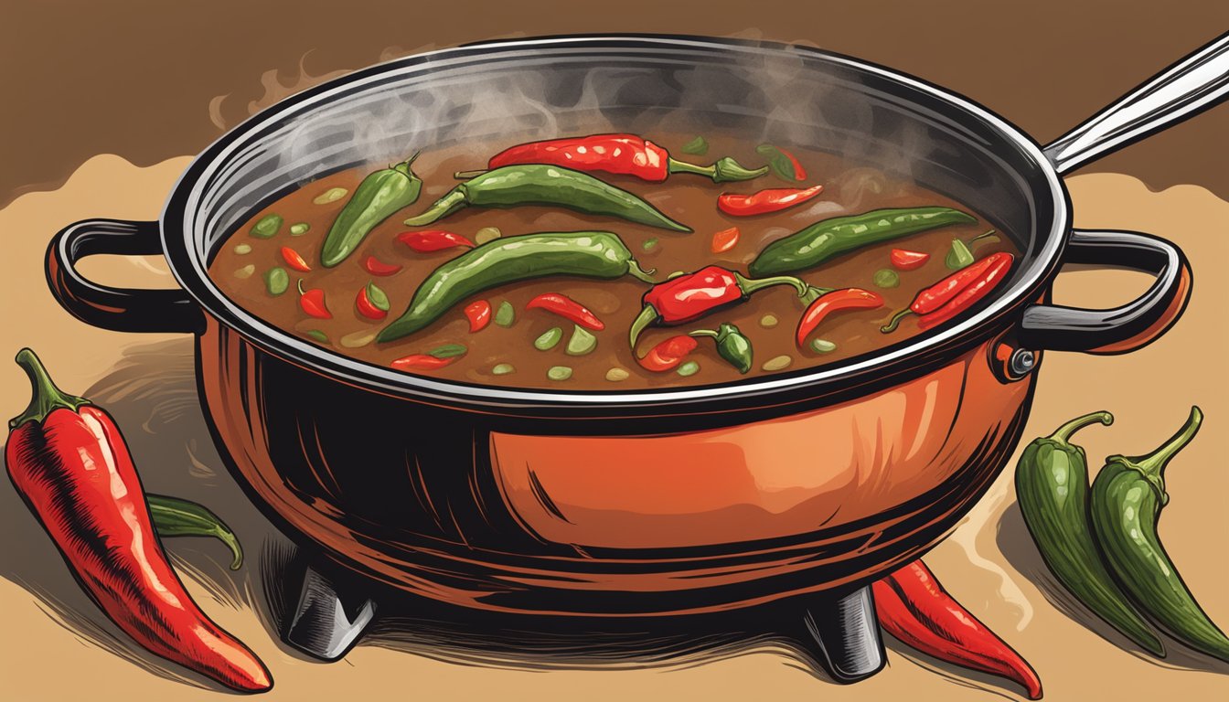 A steaming pot of fiery ghost pepper gumbo bubbling over an open flame, with vibrant red peppers, okra, and rich, dark roux