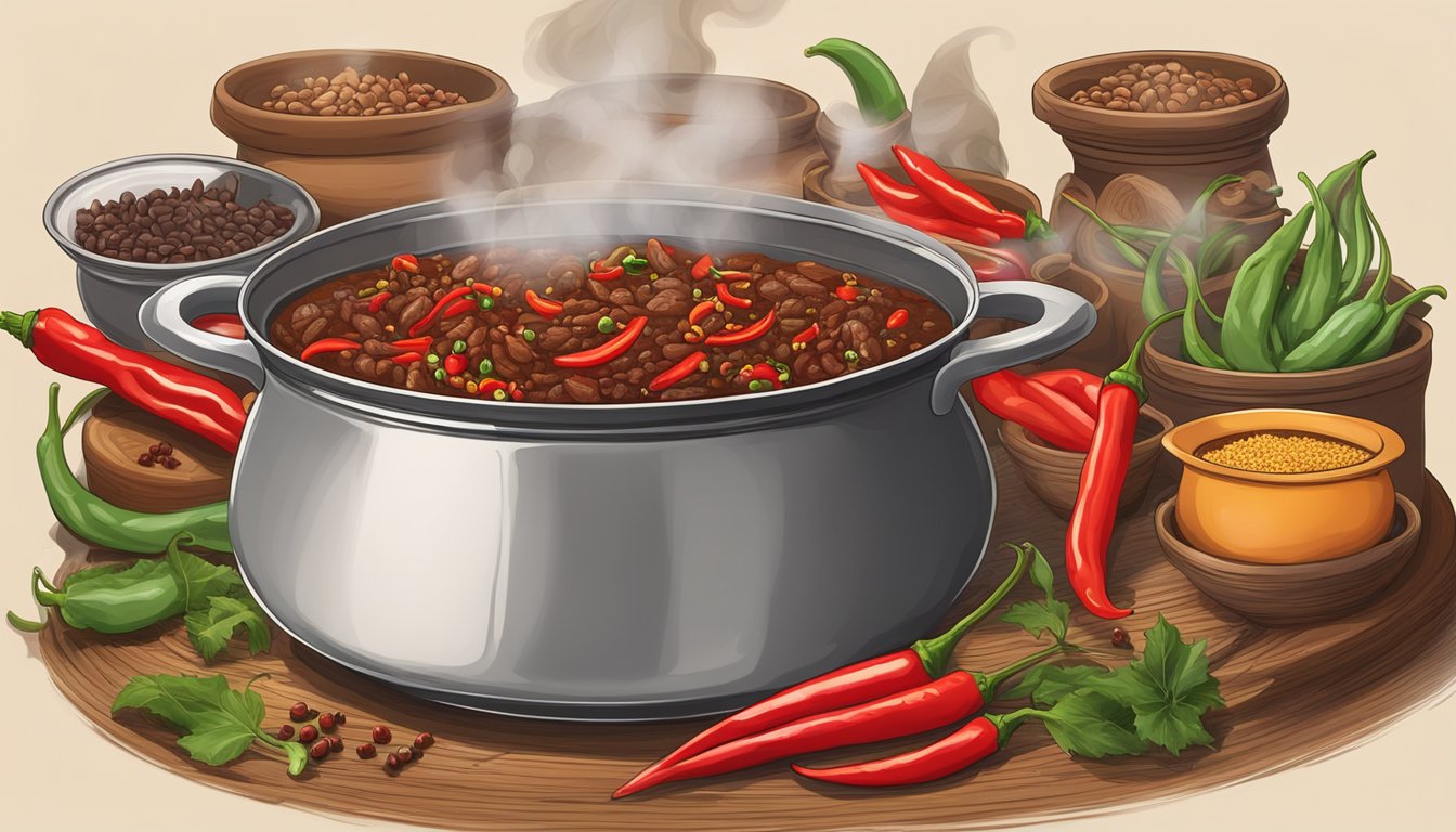 A steaming pot of Szechuan pork chili, surrounded by vibrant red chili peppers and aromatic spices