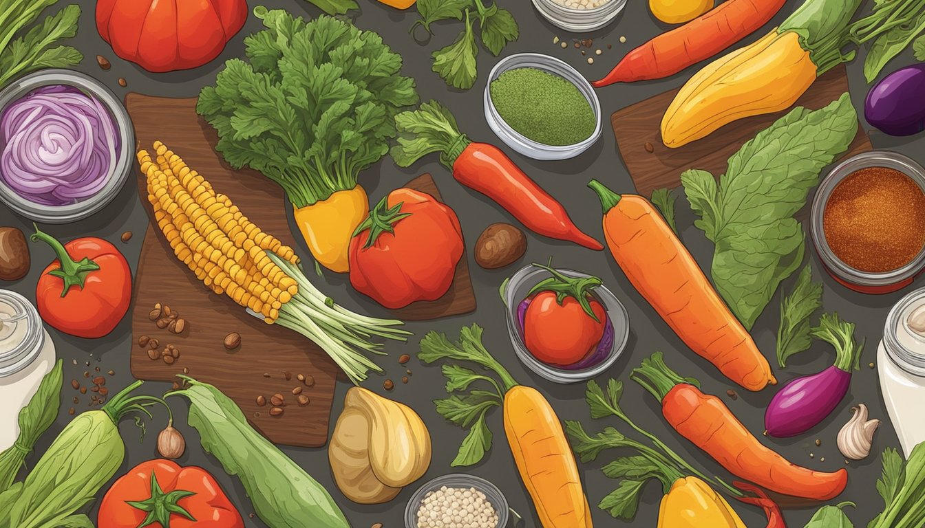 A variety of fresh and colorful vegetables and spices arranged around a bottle of hot sauce on a kitchen counter