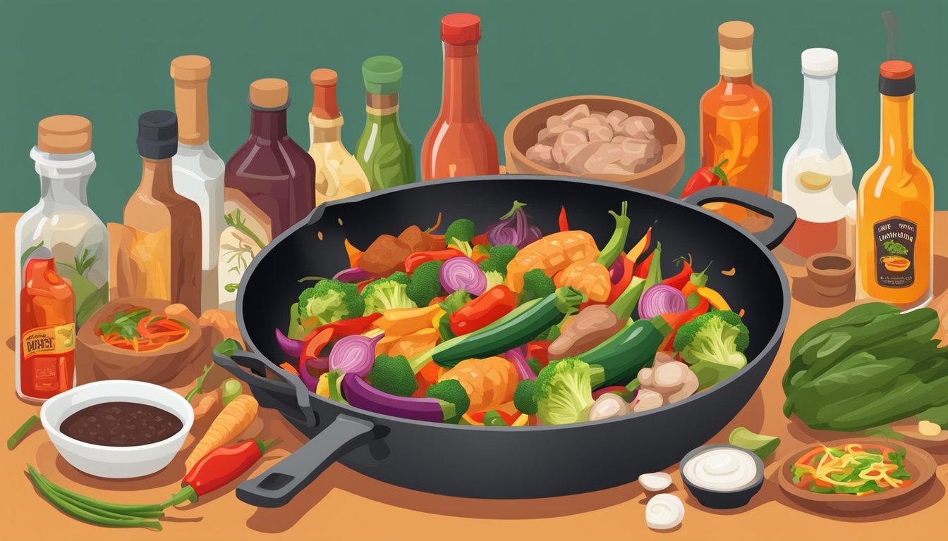 A sizzling stir fry pan with a variety of colorful vegetables and meats cooking in different levels of heat, surrounded by bottles of various hot sauces