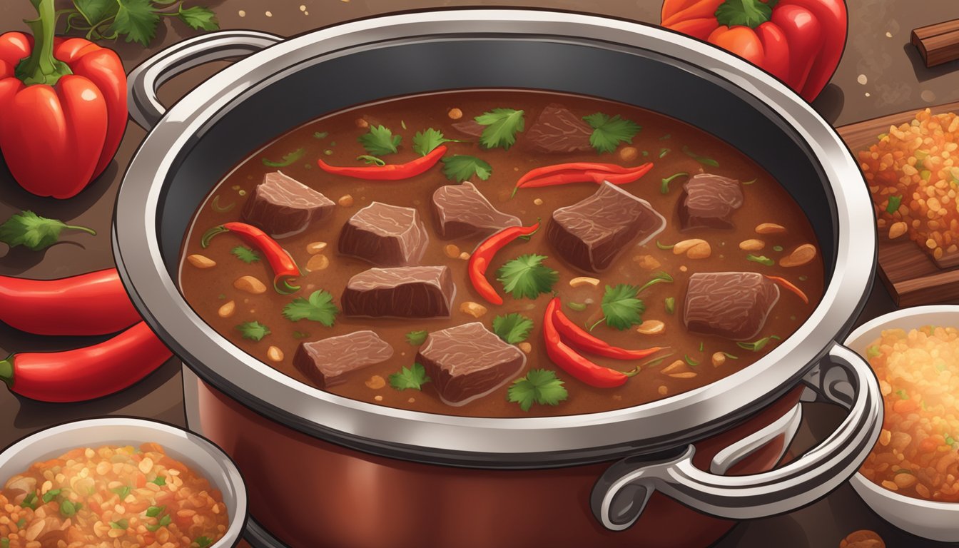 A steaming pot of beef gumbo surrounded by fiery red peppers and smoky spices