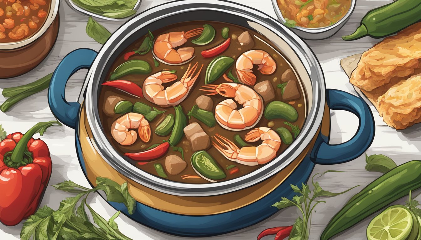 A steaming pot of gumbo with shrimp, chicken, andouille sausage, okra, and a variety of spicy peppers simmering in a rich, flavorful broth