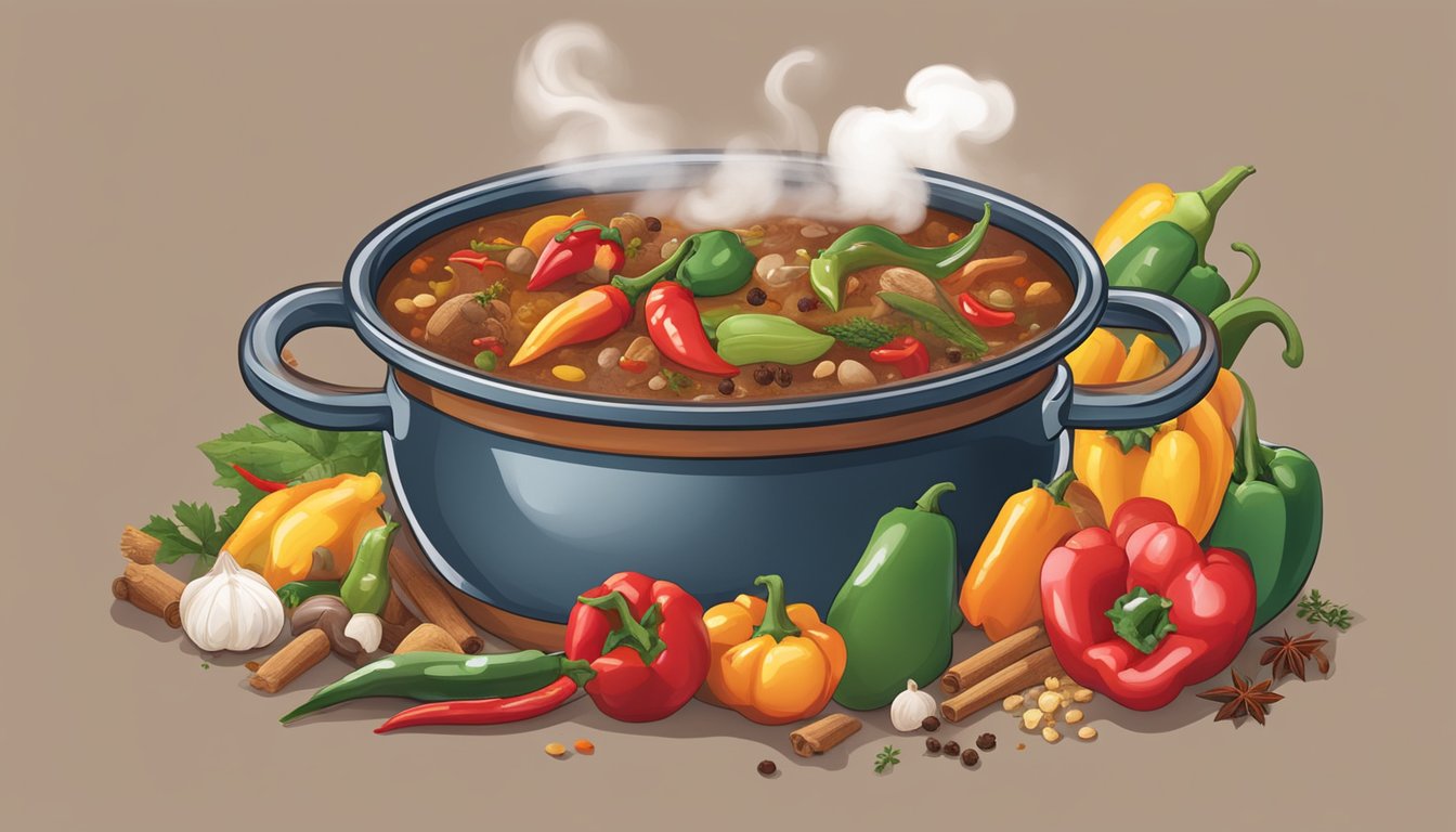 A steaming pot of spicy gumbo surrounded by colorful spices, peppers, and various cultural ingredients