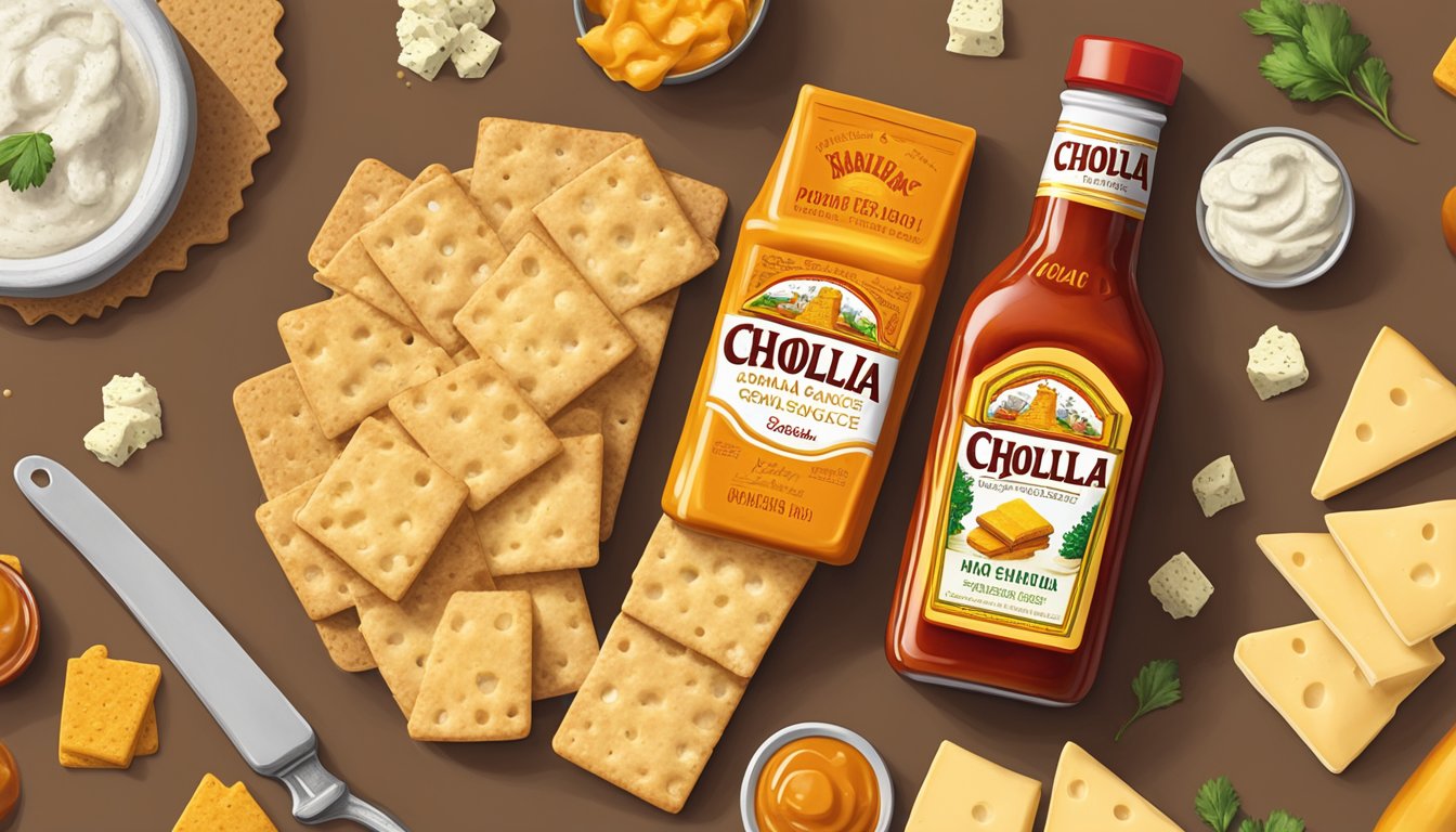 A bottle of Cholula Original Hot Sauce sits next to a variety of cheeses, with a small dollop of sauce on a cracker