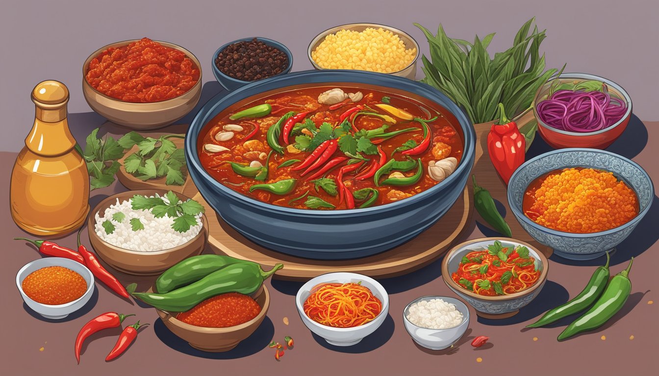 A steaming bowl of Korean Jjamppong surrounded by vibrant red chili peppers and other spicy curry ingredients