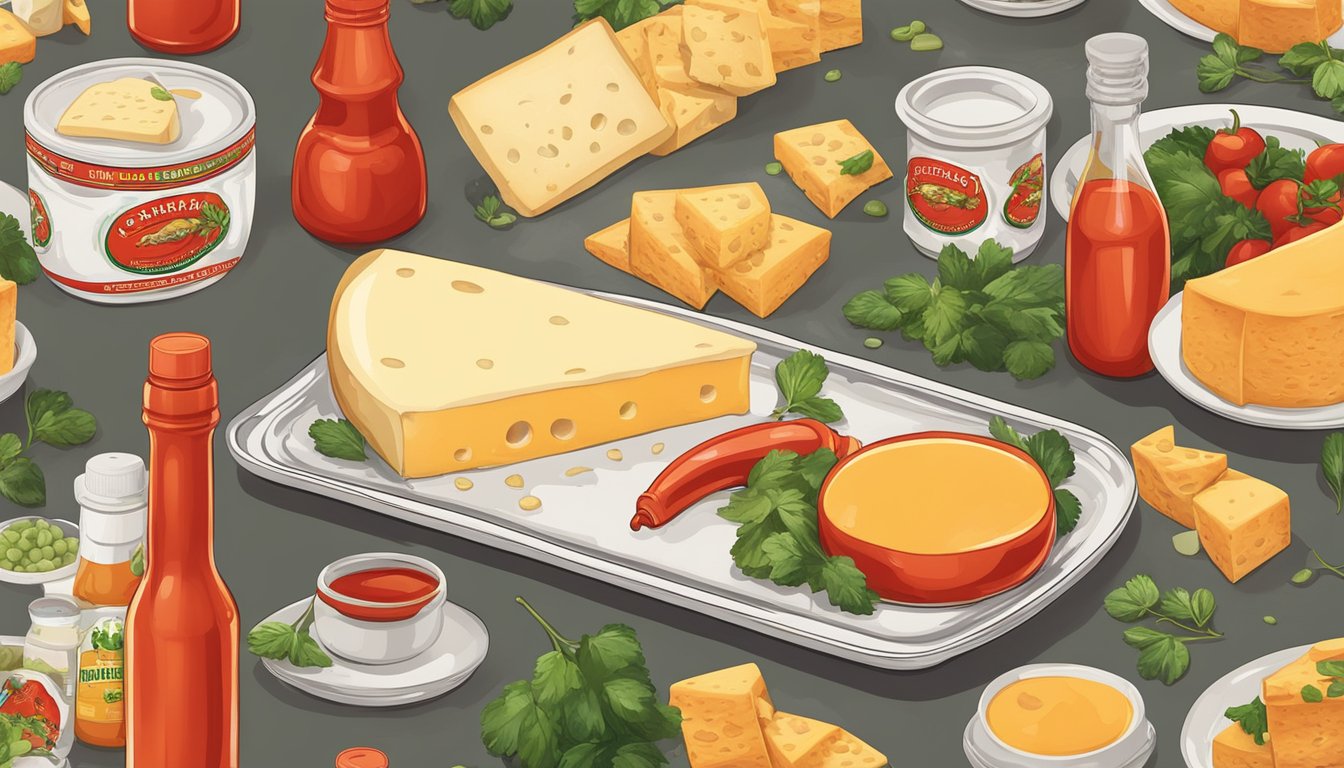 A bottle of Sriracha sauce pouring over a plate of assorted cheeses