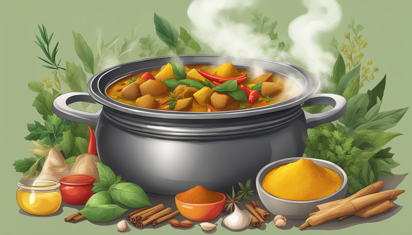 A steaming pot of Curry Vindaye surrounded by vibrant spices and herbs