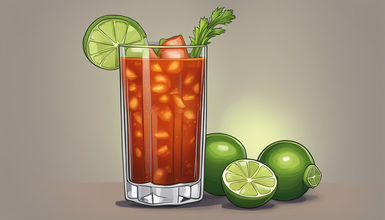 A tall glass filled with a spicy bloody mary, garnished with celery and a slice of lime, with a bottle of Crystal Hot Sauce in the background