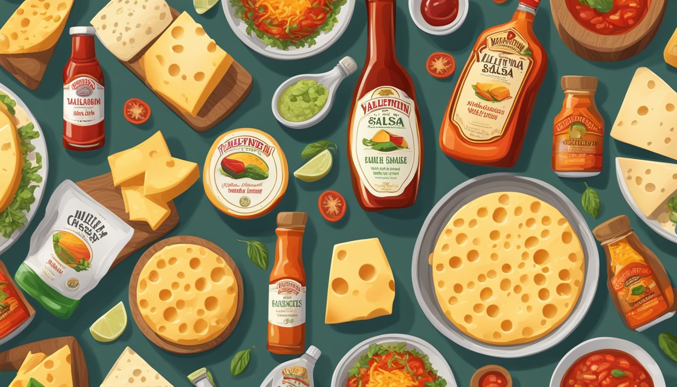 A table with various types of cheese and bottles of Valentina Salsa Picante hot sauce arranged for a tasting