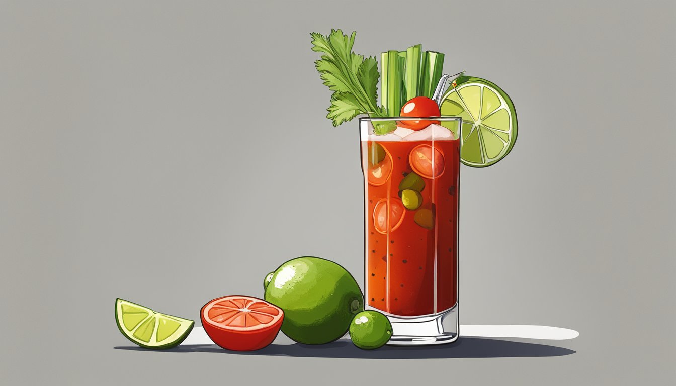 A tall glass filled with a vibrant red bloody mary, garnished with a celery stick and a skewered assortment of olives, pickles, and a slice of lime, with a bottle of Tapatío Salsa Picante nearby